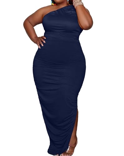 Image of Womens Sexy Plus Size One Off Shoulder Sleeveless Bodycon Ruched Evening Pencil Party Maxi Dresss