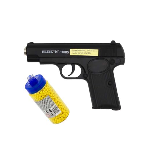 SHOP-STORY Airsoft Réplique Pistolet à Billes en Métal Noir 16,5 cm, Ludique et Robuste 0,40 Joules, Tir Coup par Coup, avec Biberon 2000 Billes 6mm de Couleur Aléatoire