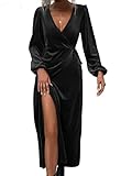  Générique Robe Fendue en Velours pour Femme, col V Cache-cœur, Manches Longues, élégante, froncée, Moulante, Robe de Cocktail d\'automne avec Lien