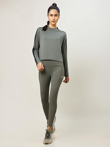 Image of TECHNOSPORT Womens Polyester Crew Neck Slim Fit Color Blocked Crop Sweatshirt Quick Dry & Antimicrobial