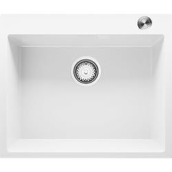 Fregadero Oslo Roca Fregadero Cocina 59 x 50 cm, Fregadero Granito Un Seno + Sifón Pop-Up, Fregadero Empotrado Oslo 60 XL de Primagran, Blanco