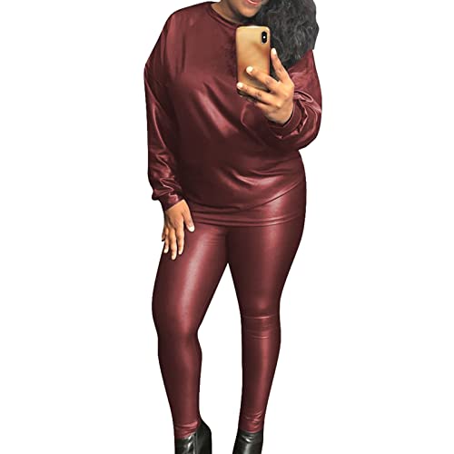 Women's Elastic Pu Leather Pencil Pants 2 Piece Set Pu Leather Long Sleeve Tops Bodycon Pants Clubwear (Red,Large)