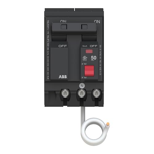 ABB Q-Line THQL2150GFT2 Ground Fault Circuit Breaker 50 Amp Double-Pole Breaker GFCI Protection 120/240 VAC 10 kAIC Interrupt Rating Plug-On Pigtail Breaker for Load Centers