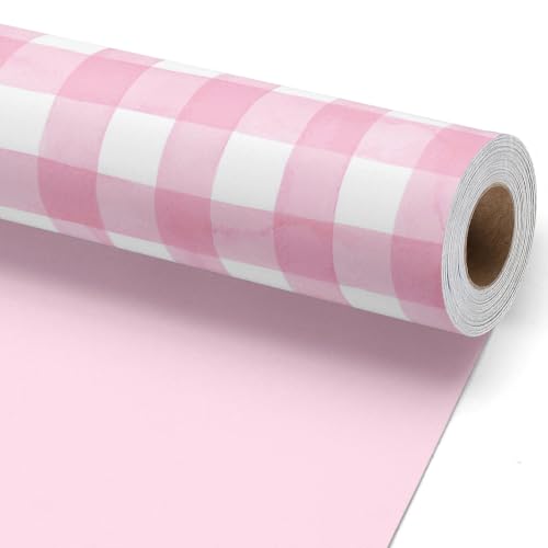 LaRibbons Baby Girl Wrapping Paper for Baby Shower Soft Pink Gingham Gift Wrap with Sweet Pastel Style for Mom-to-Be Newborn & Birthday Premium Cute Pink Checked Gift Paper 17 Inch x 33 Feet
