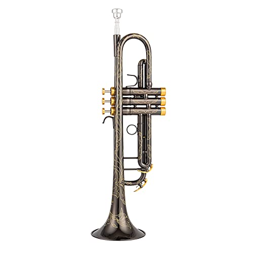 Singer'S Day Sdtr-2019B Heavy Duty Black Nickel And Gold Trumpet With Whole Body Hand Engraving Flower thumb #2