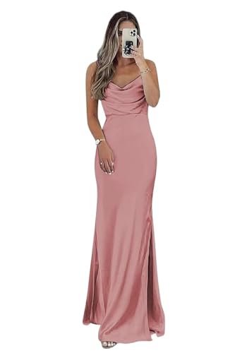 Image of Bridesmaid Dresses Satin Formal Dusty Rose Slit Open Back Silk Dress for Women Wedding Guest Size10