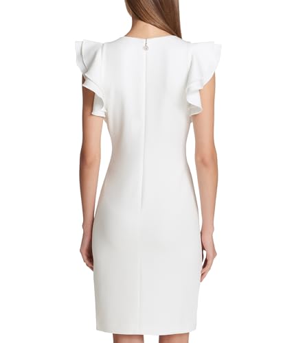 Image of Tommy Hilfiger Women's Sleeveless Ruffle Hem Jewel Neck Crepe Sheath Mini Dress
