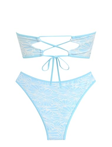 Image of ZAFUL Women Strapless Textured Bandeau Bikini 2 Piece Swimwear Cheeky Solid Lace up Bathing Suits
