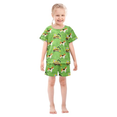 ALAZA Dog Truck Green Pajamas Set Short Sleeve Cotton Sleepwear Summer Pjs 2 Piece 5-14Y3