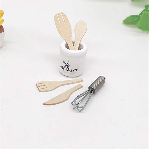 witgift Puppenhaus Zubehör Geschirr Set Miniatur Kochgeschirr Zubehör Mini Eggbeater Holz Messer Gabel Loeffel Küche…