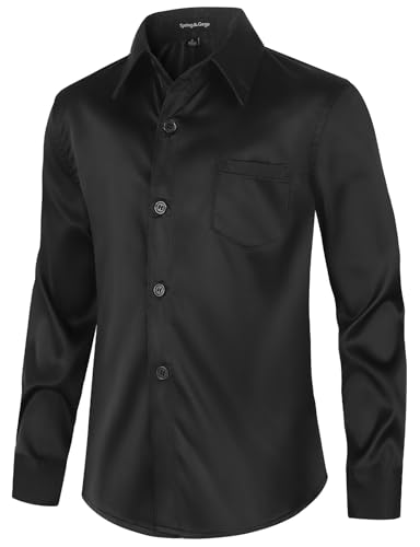Spring&Gege Boys Dress Shirt Sateen Long Sleeve Wrinkle-Free Solid Formal Wedding Button Down Shirts