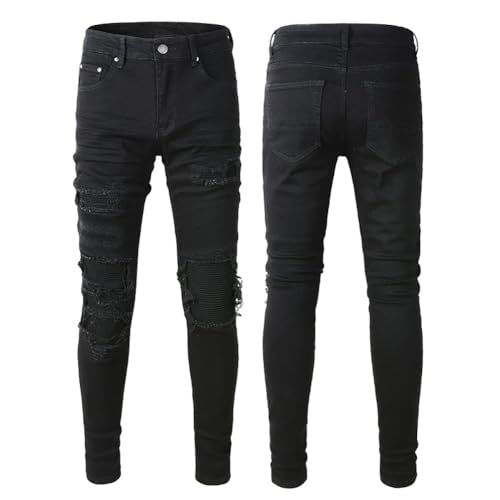 Mens Black Patch Ripped Biker Jeans Skinny Knee Holes Patchwork Distressed Pants Stacked Wrinkled