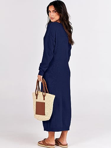 Image of ANRABESS Women Long Sleeve Button V Neck Oversized Casual Loose Fit Waffle Knit Fall Midi Sweater Dress 2026 Trendy Outfits