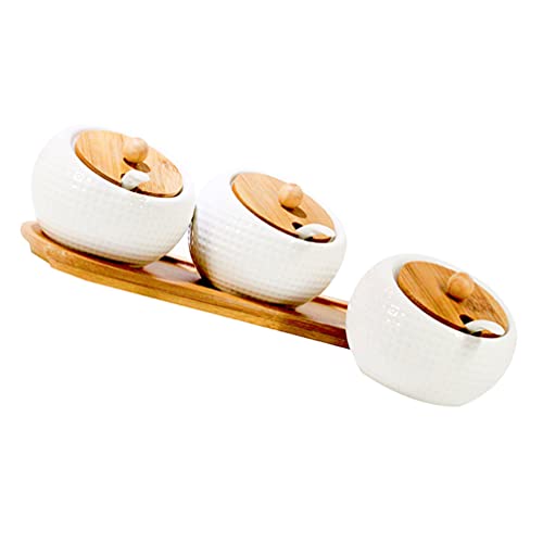 DOITOOL 3pcs Spice Jars with Wooden Tray Spoons Lids Ceramic Condiment Containers Pot Seasoning Dispensers Bottles Kitchen Gadgets White