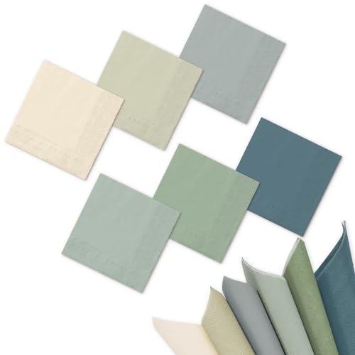 Whaline 120Pcs Sage Green Dusty Blue Cocktail Napkin 6 Gradient Color Paper Napkins Green Blue Milky White Disposable Dinner Napkins for Wedding Baby Shower Supplies