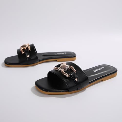 MGGMOKAY Women's Flat Sandals Fashion Slides With Soft Leather Slippers for Summer,Black,63