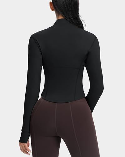GYM RAINBOW Womens Contour Workout Jackets Zip Up Lightweight Gym Athletic Running Jackets with Thumb Holes(#1 Black,X-Small) - 2