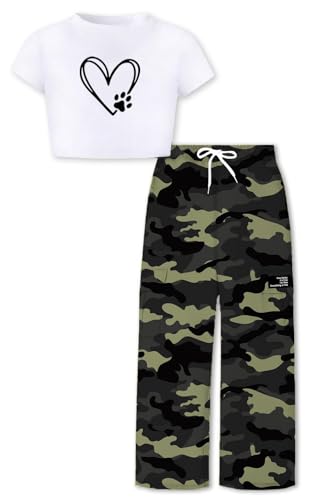 Image of Betusline Girls 2 Piece Outfits Short Sleeve Crop Top & Parachute Cargo Pants Set,4T-14 Years
