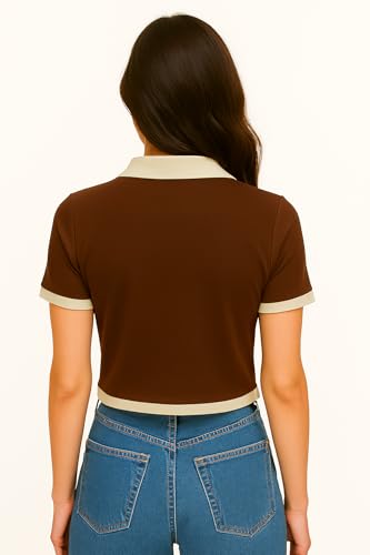 Image of Ribbed Polo Crop Top, Half Sleeve Top for Women, Korean Style Top, Trendy Collar, Stylish Tops for Girls, Fancy Top