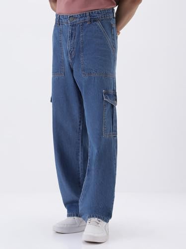 Image of Urbano Fashion Men's Loose Mid Rise Baggy Fit Cargo Jeans with 6 Pockets Non-Stretchable