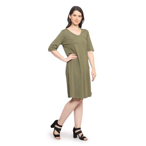 Image of Frenchtrendz Women's Cotton and Back Lace Designer V-Neck A-Line Knee Length Dress