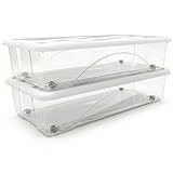 Set di 2 Scatole Sotto letto con Ruote Coperchio bianco 40 lt box basso h17,5 cm per letti Contenitori Salvaspazio in Plastica Trasparente cm 79x39 Ideale per Vestiti e Cambio Stagione Organizzazione