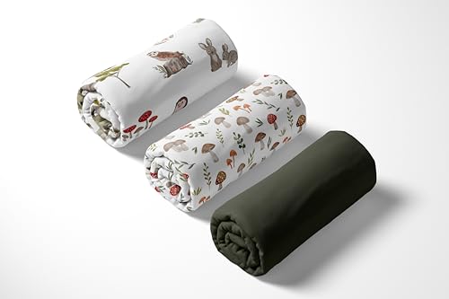 Image of Sweet Jojo Designs 3-Piece Baby Crib Sheets Set (Woodland Forest Animals) for Girls /Boys, Infant Nursery, Toddler Room - Fitted, Standard Size (Solid Green, Toadstool Mushrooms & Animal Friends, Bear)