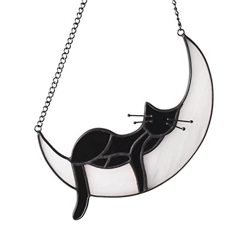Mojoursa Cat on Moon Memorial Gifts - Handcrafted Sleeping Black Cat Stained Glass Window Hanging Suncatcher Ornament for Pet Lovers, Loss of Pet Sympathy Remembrance Gift for Women