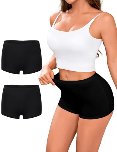 Briyat Boxershorts Damen hohe Taille Unterhosen Frauen bauchweg Unterwäsche aus Bambusviskose Mittelhoher Atmungsaktiv Hotpants schlüpfer Shorts 2er Pack Baumwoll Unterwäsche,schwarz*2,M