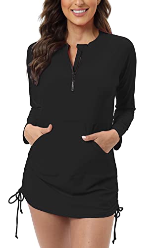 Halcurt Maillot de bain à manches longues pour femme UPF 50+ - Avec fermeture éclair - Avec cordon de serrage, Noir , XL Cover