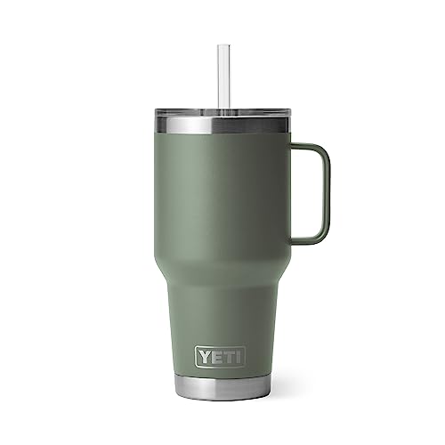 Image of YETI Rambler 35 oz Tumbler with Handle and Straw Lid, Travel Mug Water Tumbler, Vacuum Insulated Cup with Handle, Stainless Steel, Camp Green