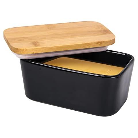Arswin Butter Dish with Lid,Extra Large 650ml,Porcelain Keeper with Bamboo Lid Cover for 2 Sticks of Butter,Microwave Safe Easy Clean Butter Storage Container for Countertop Refrigerator (Black) Cover