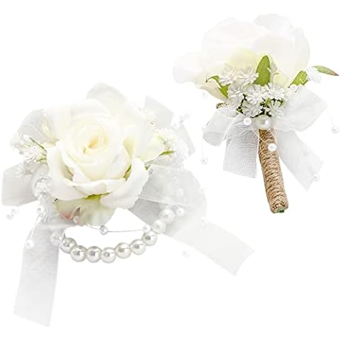 Floroom Ivory Rose Wrist Corsage Bracelet Wristlet Band and Men Boutonniere Set for White Wedding Flower Accessories Prom Suits Cover
