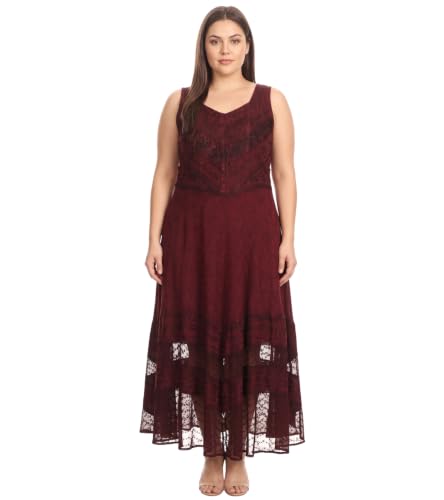 Image of Sakkas Zendaya Stonewashed Rayon Embroidered Floral Vine Sleeveless V-Neck Dress
