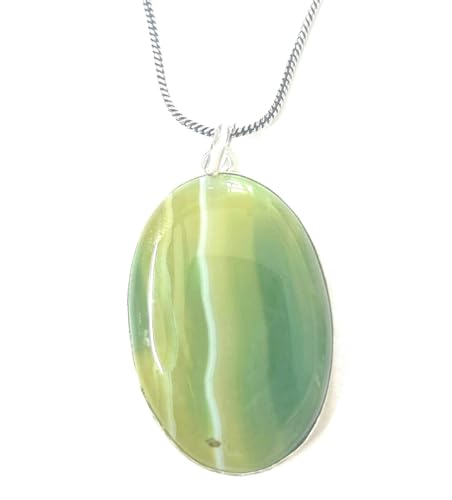 Image of Green Agate Pendant Necklace, Oval Stone brass chain silver coated Natural Gemstone Jewelry