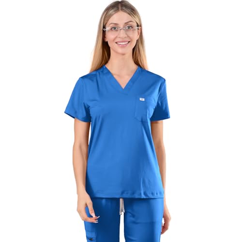 Meidiero Scrub Tops Women, Slim-fit Medical Shirts, Soft Stretch & Wrinkle-Resistant Women's Scrub Tops with 2 Chest Pockets Royal Blue