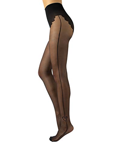 CALZITALY Woman Tights Heart, Sheer Tights, Tights with Line | Black |20 DEN | Made in Italy (L/XL, Black)