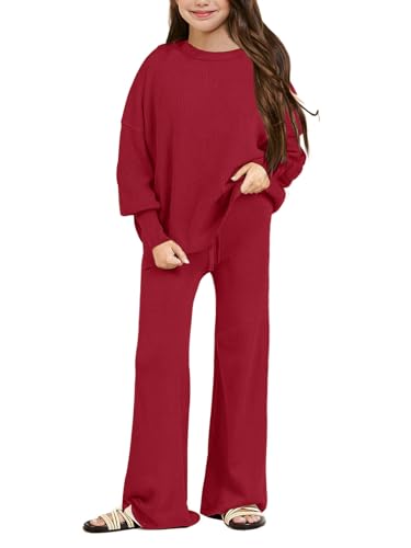 Image of Haloumoning Girls 2 Piece Outfits Kids Long Sleeve Crewneck Sweater Drawstring Wide Leg Long Pants Sweatsuits Sets 5-14T