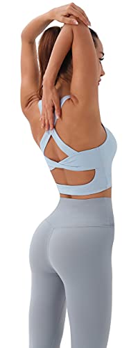 Workout Tops For Women Criss-Cross Back Padded Sports Bras For Women Medium Support Womens Crop Tops Light Blue #TOP4