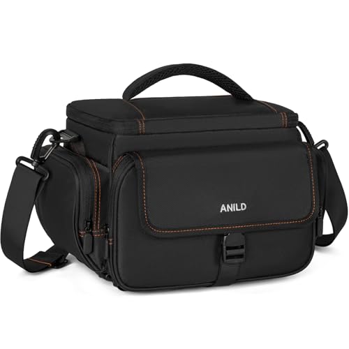 ANILD DSLR Gadget Bag, Crossbody Camera Bag for Photographers, Solid Water-resistant Travel Photography Camera Messenger Bag with Tripod Holder, Black with Orange Interior