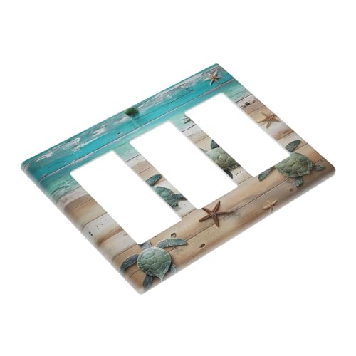 Decorative Outlet Covers Turtle Starfish Beaches Blue Wood Plank 3 Gang Wall Plate Triple Rocker Light Switch Cover Plate Jumbo Electrical Gfci Faceplate for Bathroom Decor