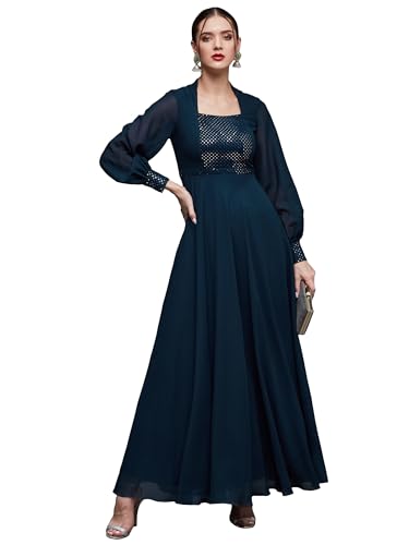 Image of Miss Chase Women's Bishop Sleeve Embellished Panelled Georgette Maxi Dress with Pockets