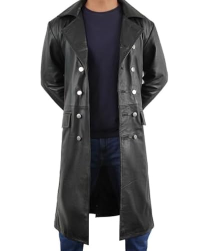 Hide & Seek Men’s Vintage European Officer Black Style Trench Coat - Classic Brando Officer Full Length Leather Long Coat2