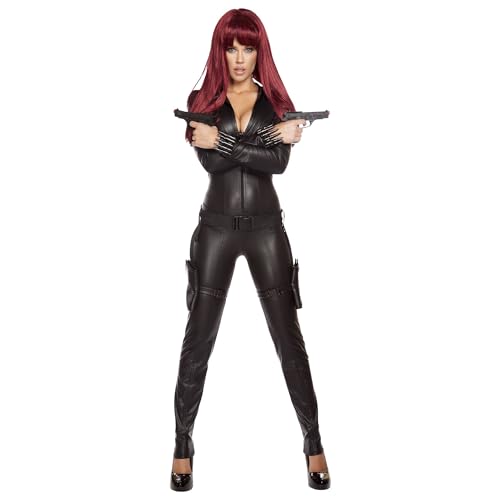 Assassin Costume Female, Black Catsuit Roma 2 Piece Halloween Costumes for Women Adult Outfit with Belt and Holsters Bodysuit