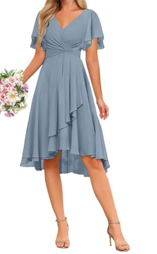 WSEYU ZMKI412   Vestidos de gasa de manga corta para adolescentes, acampanados, para dama de honor, graduación, cóctel, fiesta, Dusty Azul, 44