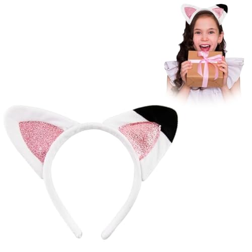 Diadema Orejas de Gato Niña Blanco con Purprina Rosa para Carnaval Disfraz Fiesta Temática Halloween Cumpleaños Regalo