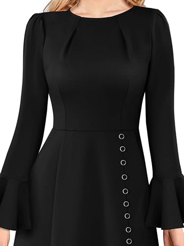 VFSHOW Womens Pleated Crew Neck Bell Sleeve Pockets Front Slit Buttons Business Work Office Slim Fit and Flare A Line Dress3