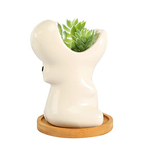 AOROPS Maceta de cerámica blanca hipopótamo maceta plantas con posavasos de bambú cactus suculentas macetas macetas macetas de cerámica suculentas macetas para jardín oficina hogar Cover