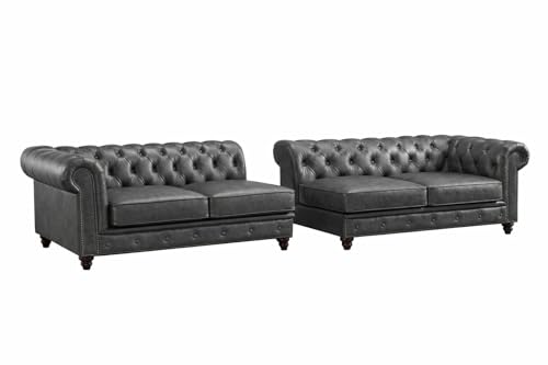 Image of Classic Leatherette Chester Sofa Set Button Tufted, Classic Style Sofa Set for Living Room, Office, and Hallway Colour (Grey Leatherette, 2+2=4 Seater Sofa)