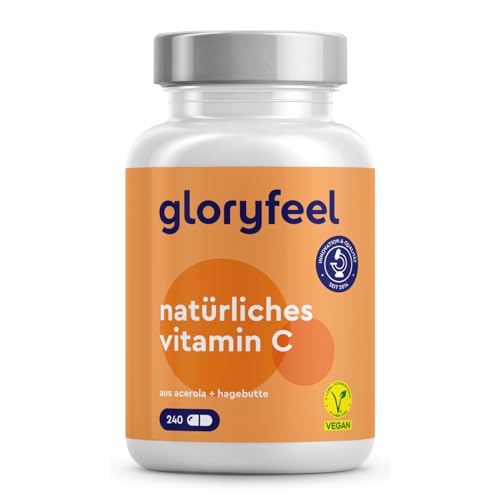 Natürliches Vitamin C - 240 vegane Kapseln - 400mg reines Vitamin C hochdosiert - Aus Acerola- und Hagebutten-Extrakt - 4 Monatsvorrat - Laborgeprüft, ohne Zusätze in Deutschland hergestellt